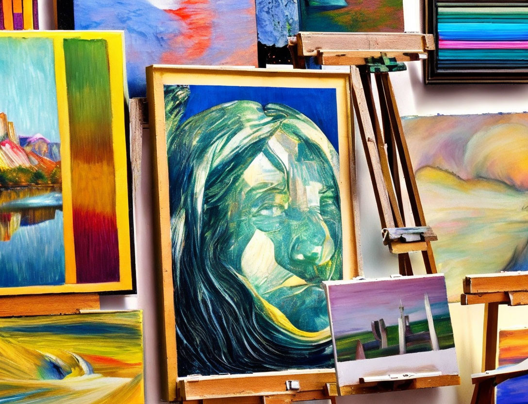 Vibrant Art Studio with Abstract and Figurative Paintings