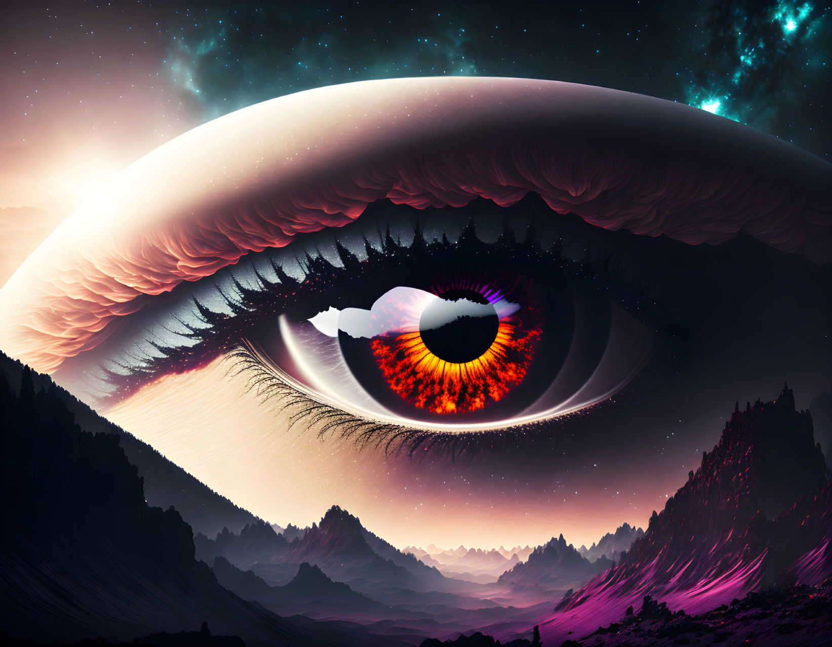 Surreal landscape featuring giant eye above starry sky and fiery iris