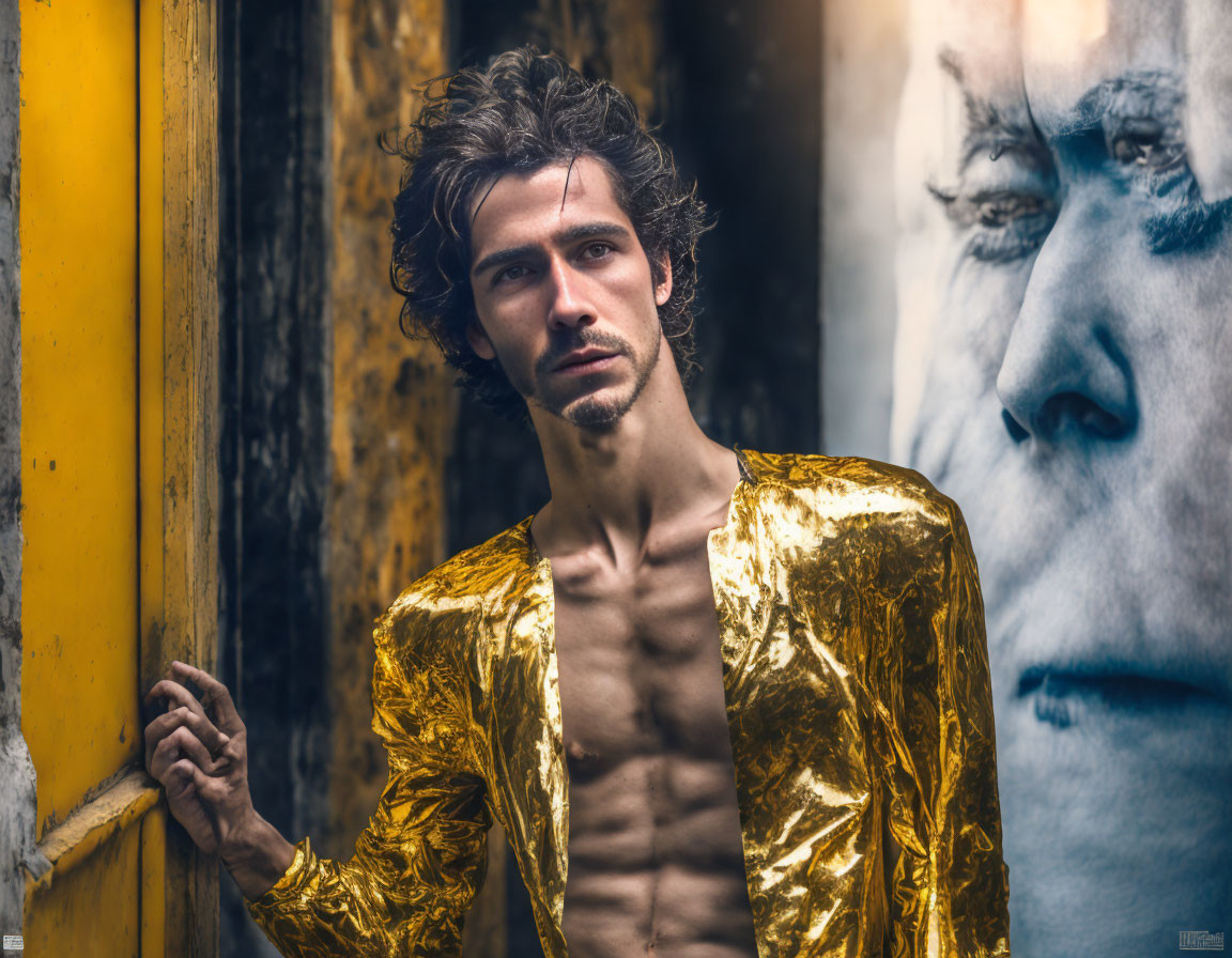 Tousled hair man in golden blazer by yellow doorframe