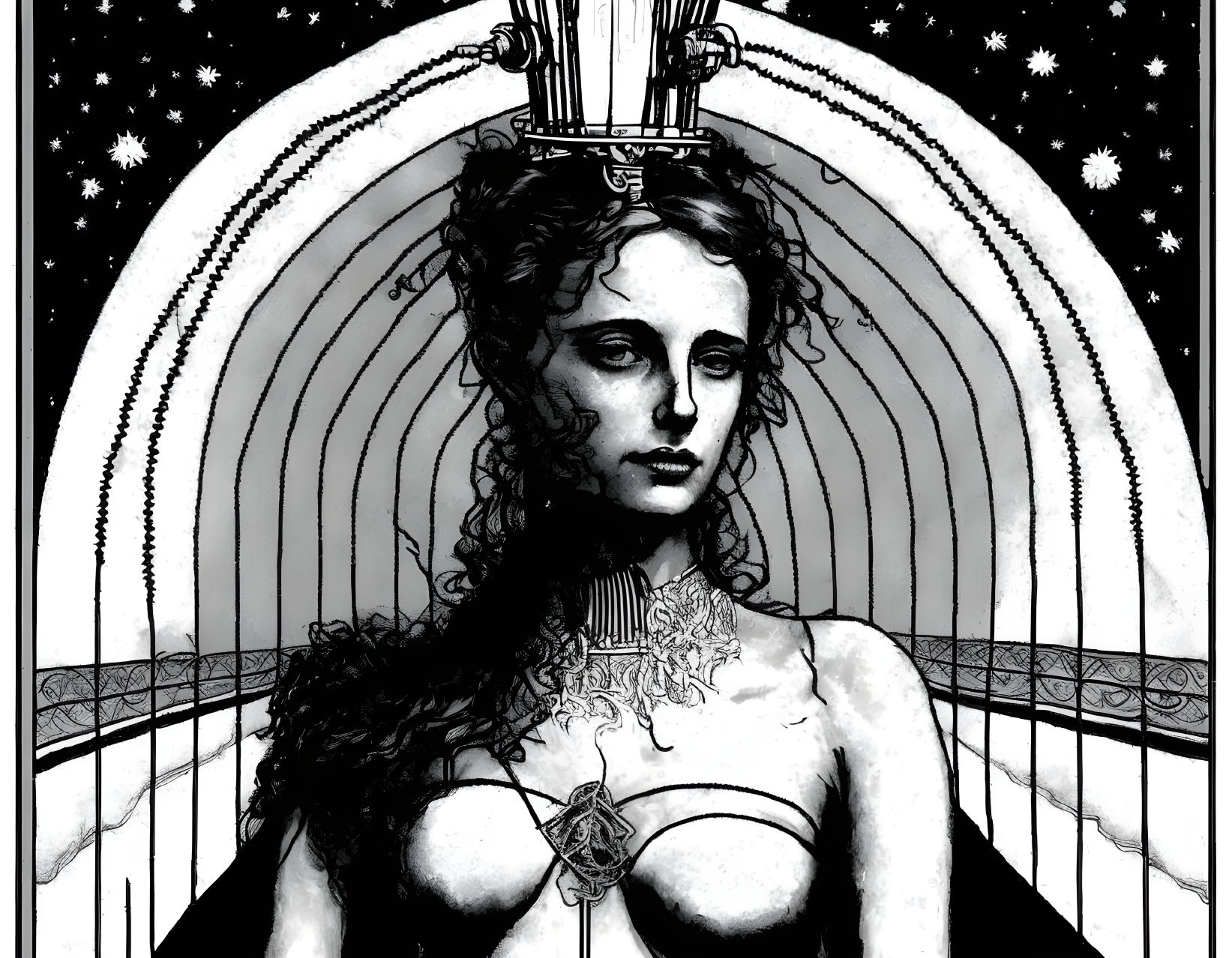 Monochrome illustration of woman with crown and celestial motifs