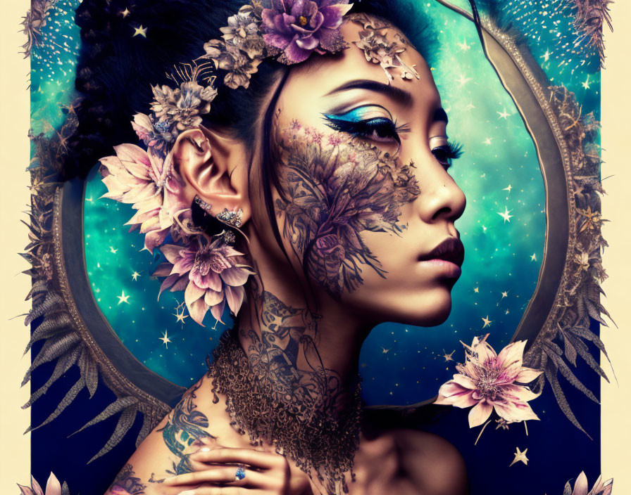 Digital Artwork: Woman with Floral Tattoos and Cosmic Background