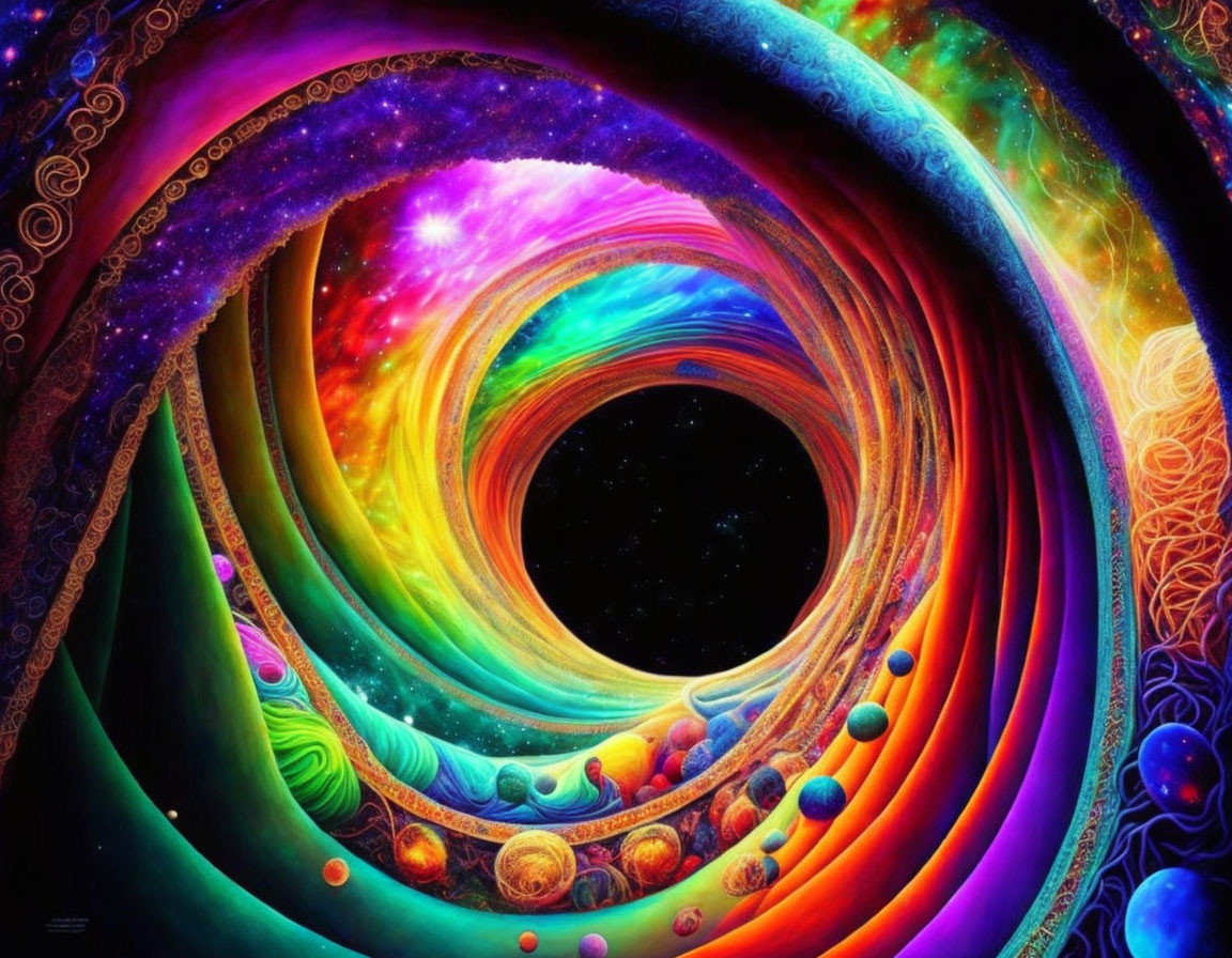 Vibrant psychedelic digital artwork with swirling patterns and celestial bodies