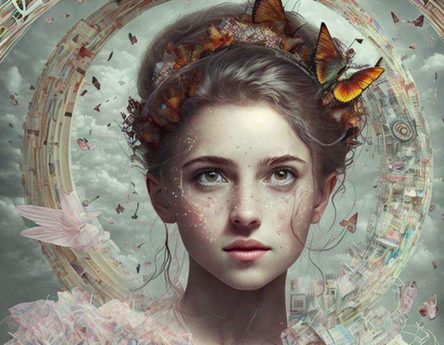 Surreal portrait of young woman with butterflies and whimsical objects