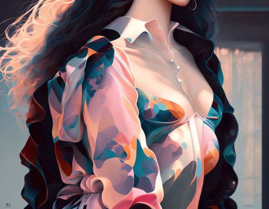 Curly-haired woman in colorful blouse digital painting