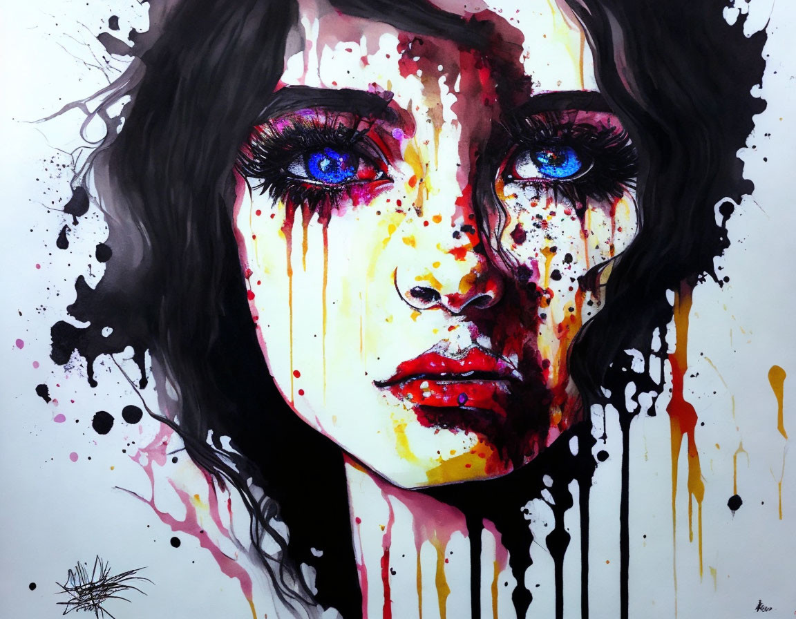 Vibrant painting: Woman's face with blue eyes, black and red drips