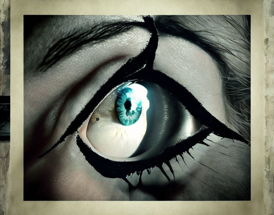 Detailed view: human eye with dramatic black makeup, showcasing iris texture and eyelash intricacy.