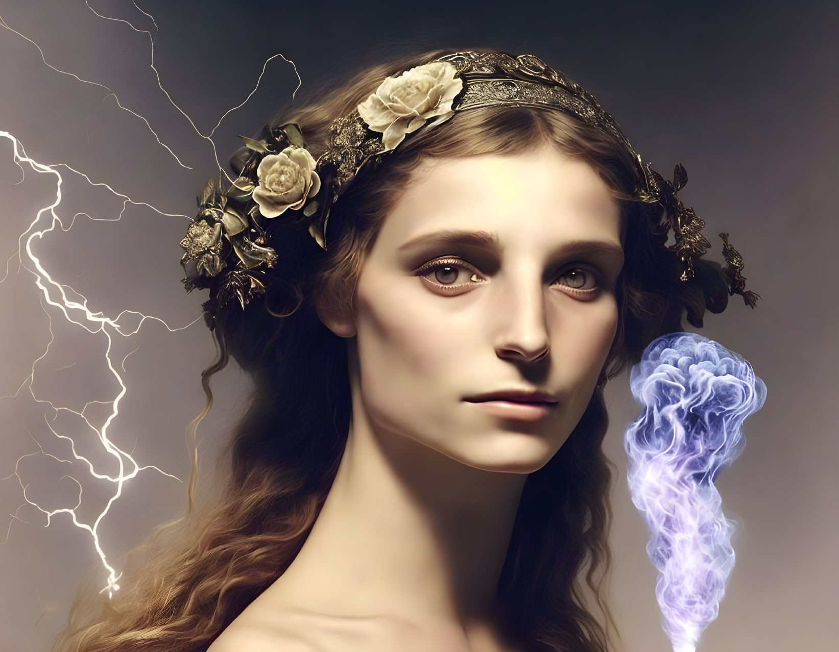 Digital artwork: Woman with floral crown and blue smoke in stormy backdrop