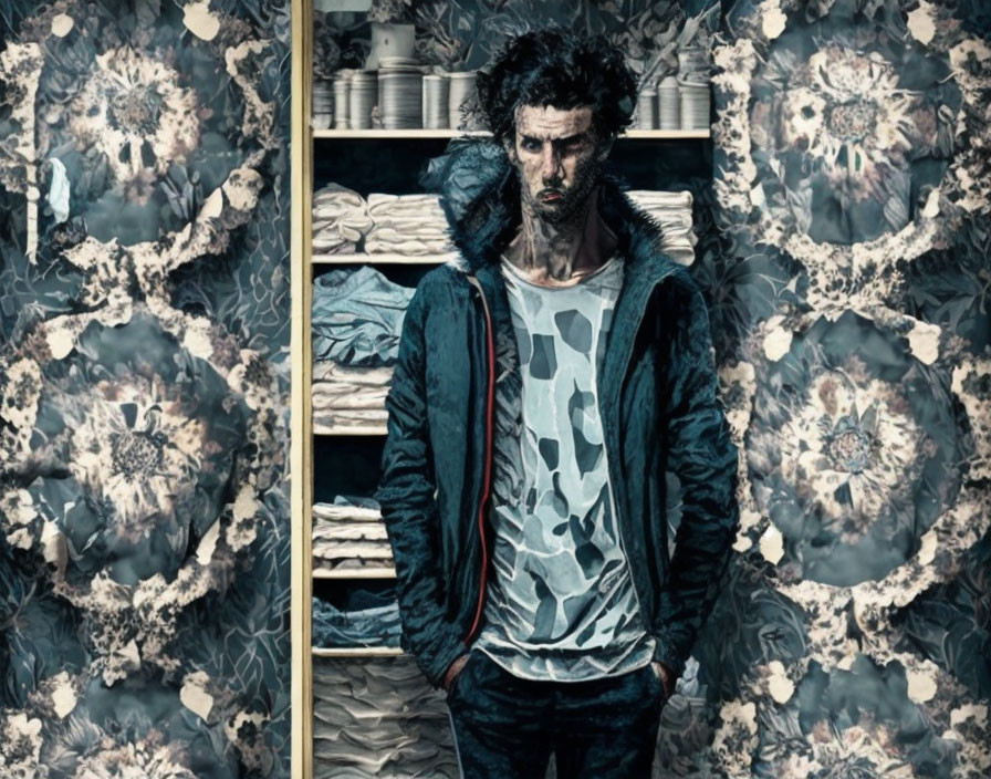 Disheveled man in front of open closet with blue and grey linens