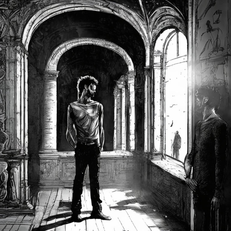 Monochrome sketch of man in ornate corridor with shadow cast on floor