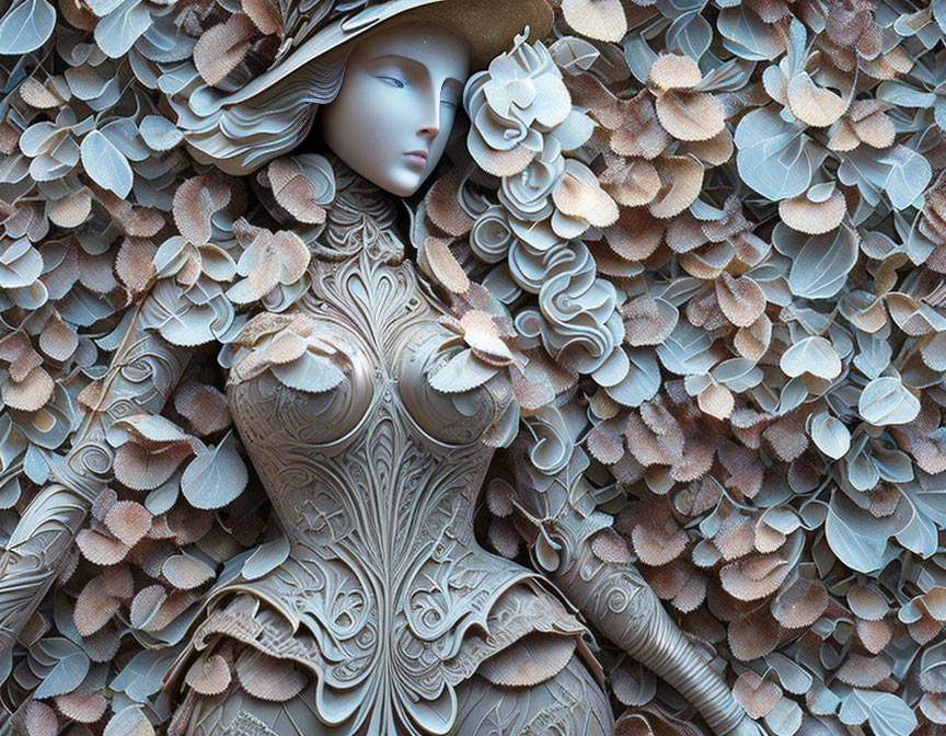 Sculpted female figure with cascading petal-like elements in muted tones