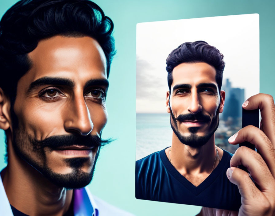 Man holding mirror reflecting cartoony version on teal backdrop