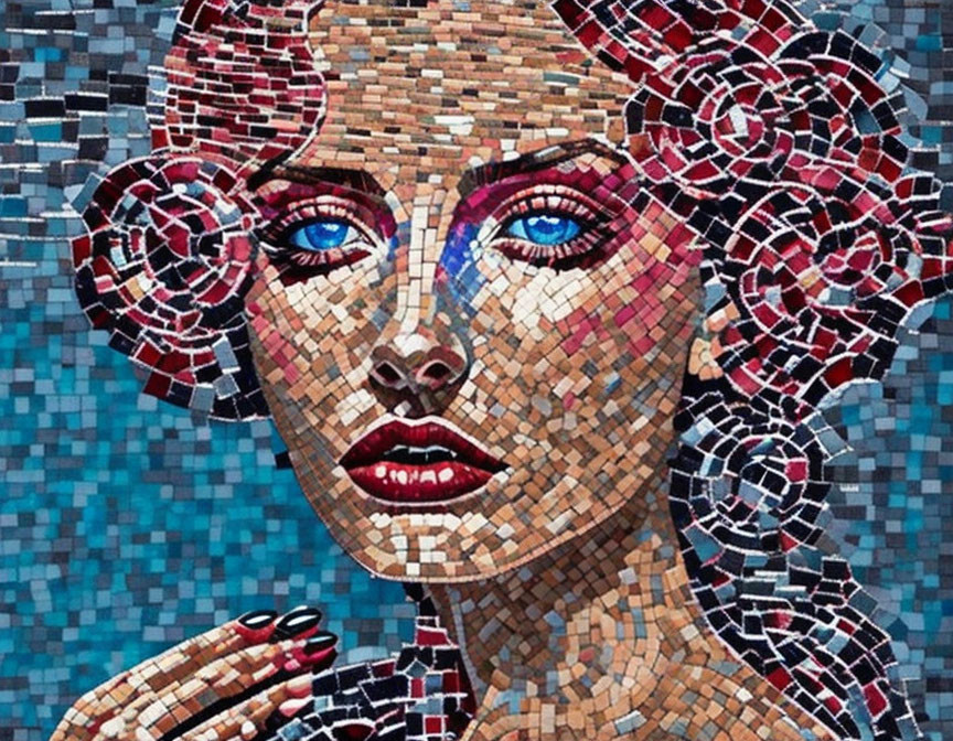 Vibrant mosaic artwork of woman with blue eyes and red lips surrounded by floral patterns