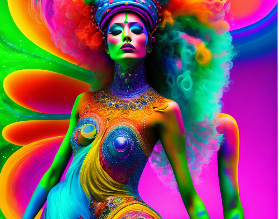 Colorful digital artwork: Woman with psychedelic patterns on body