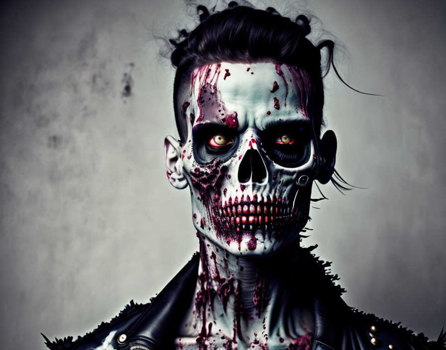 Skull face paint and fake blood on person in dark leather outfit