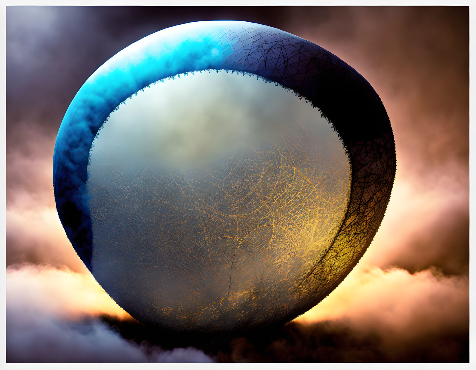 Large Glossy Sphere with Blue Top and Golden Fractal Patterns