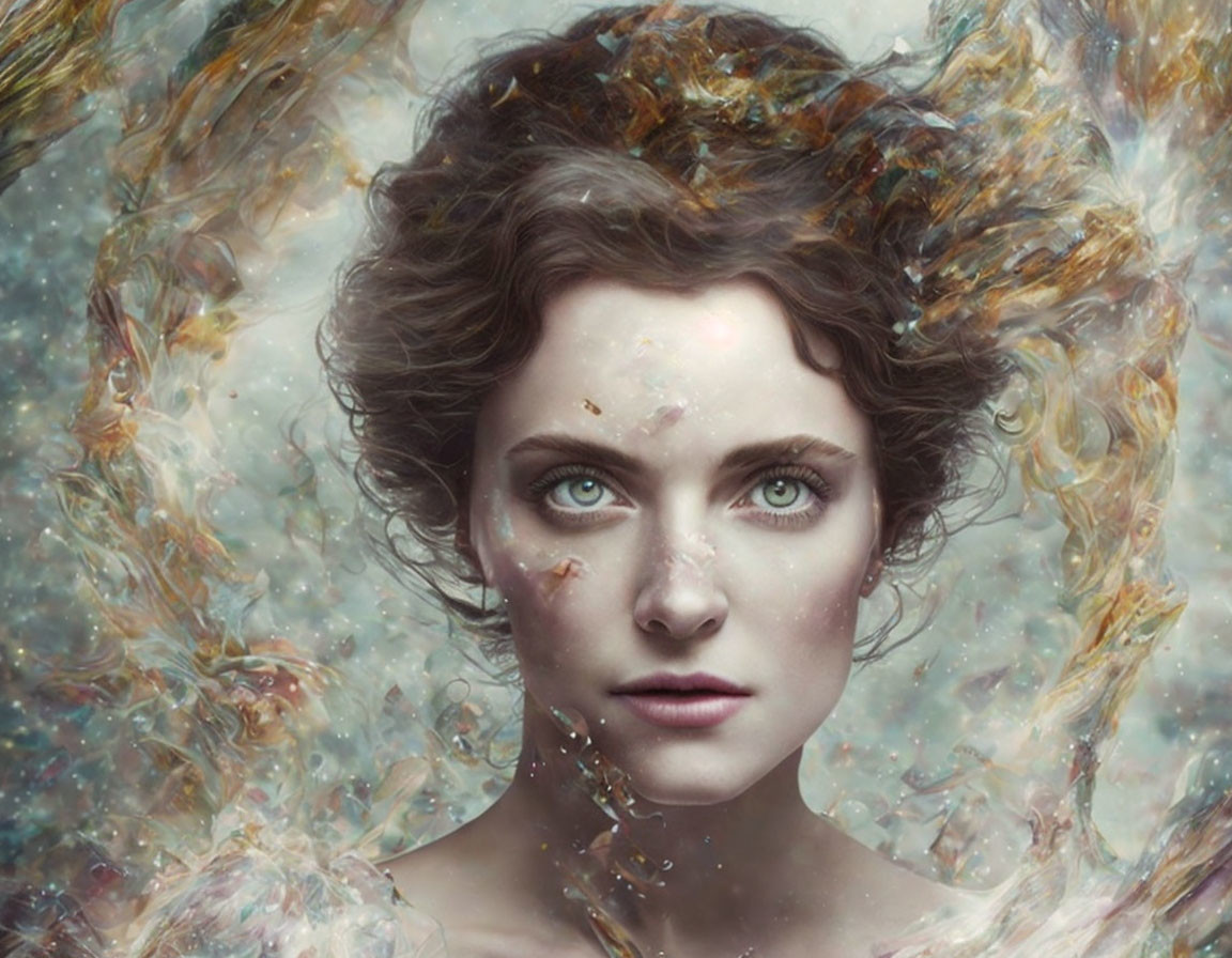 Portrait of Woman with Striking Green Eyes in Cosmic Mist