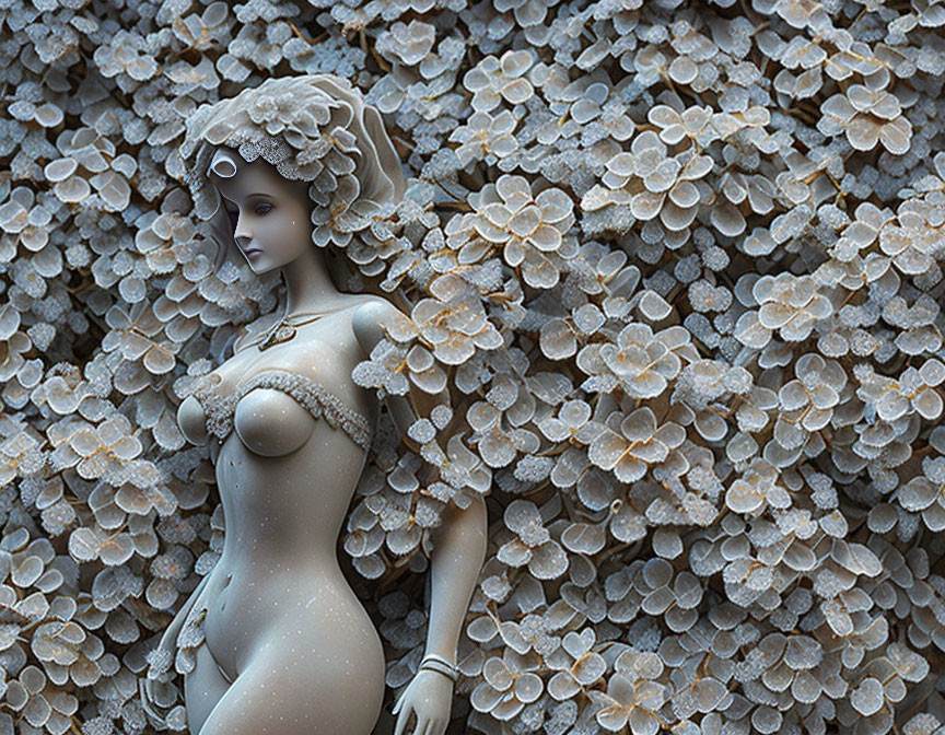 Intricate elfin figure with floral patterns in monochromatic color scheme