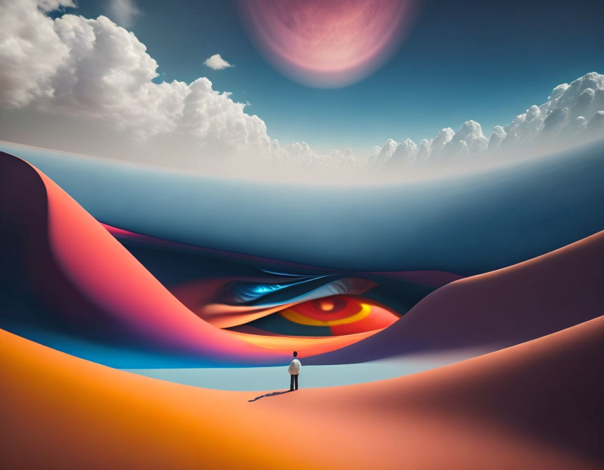 Multicolored surreal landscape with giant eye, human figure, and whimsical sky