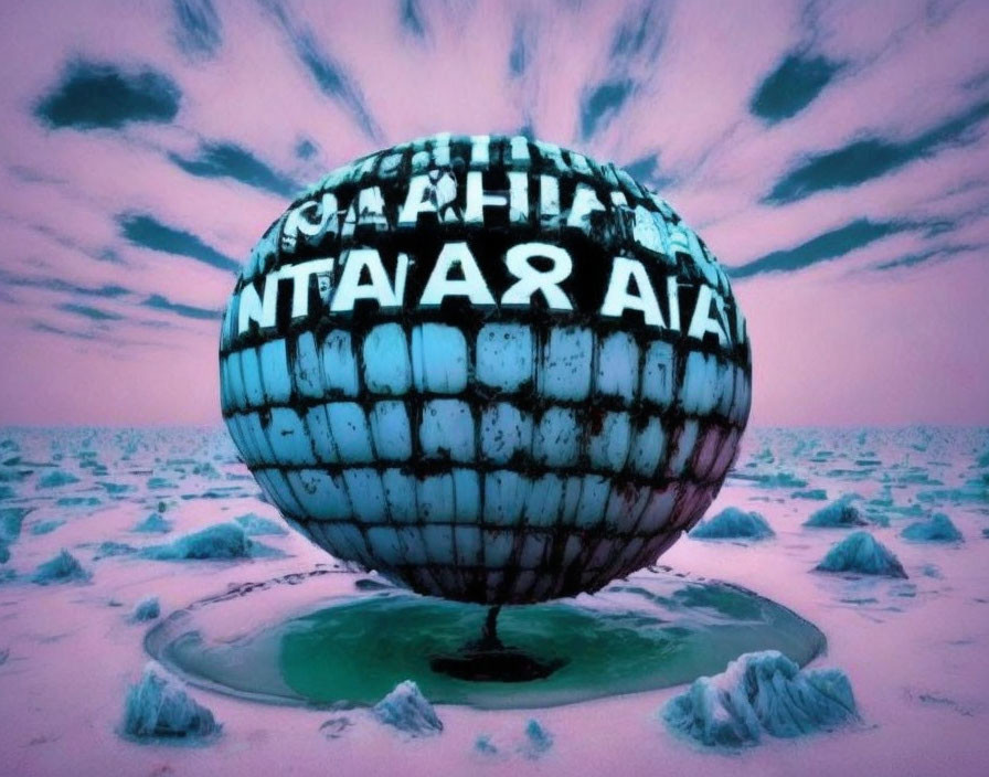 Surreal sphere with text pattern on melting icy landscape