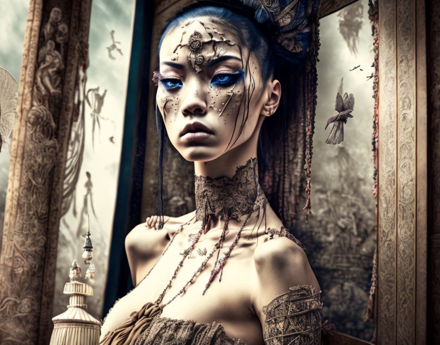 Fantasy portrait of woman with body art and jewelry near window with flying bird