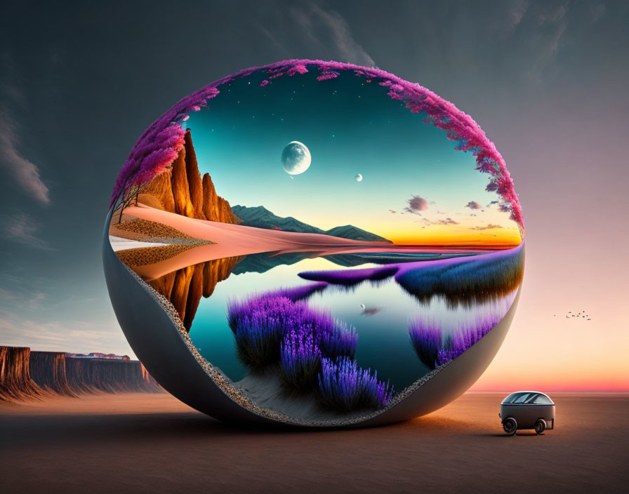 Surreal landscape with spherical mirror reflecting colorful inverted terrain and lone car on desert vista