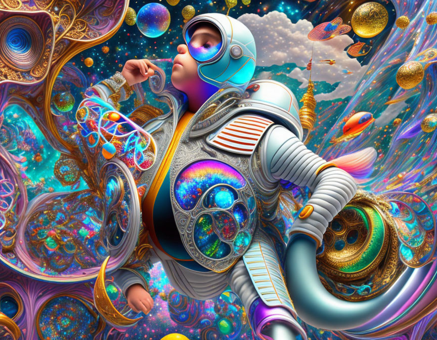 Surreal astronaut in cosmic kaleidoscope setting