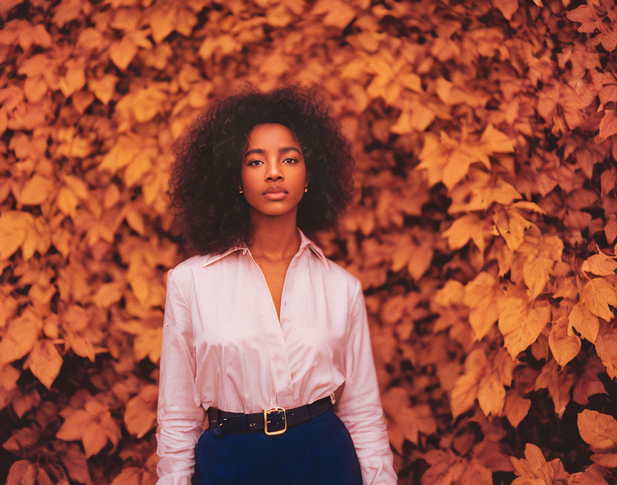 Curly-haired woman in white shirt and blue skirt against autumn leaves background