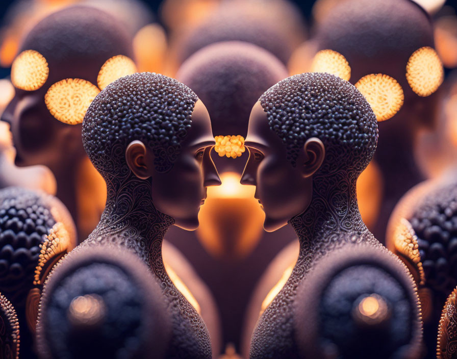 Symmetrical Textured Humanoid Sculptures with Glowing Light