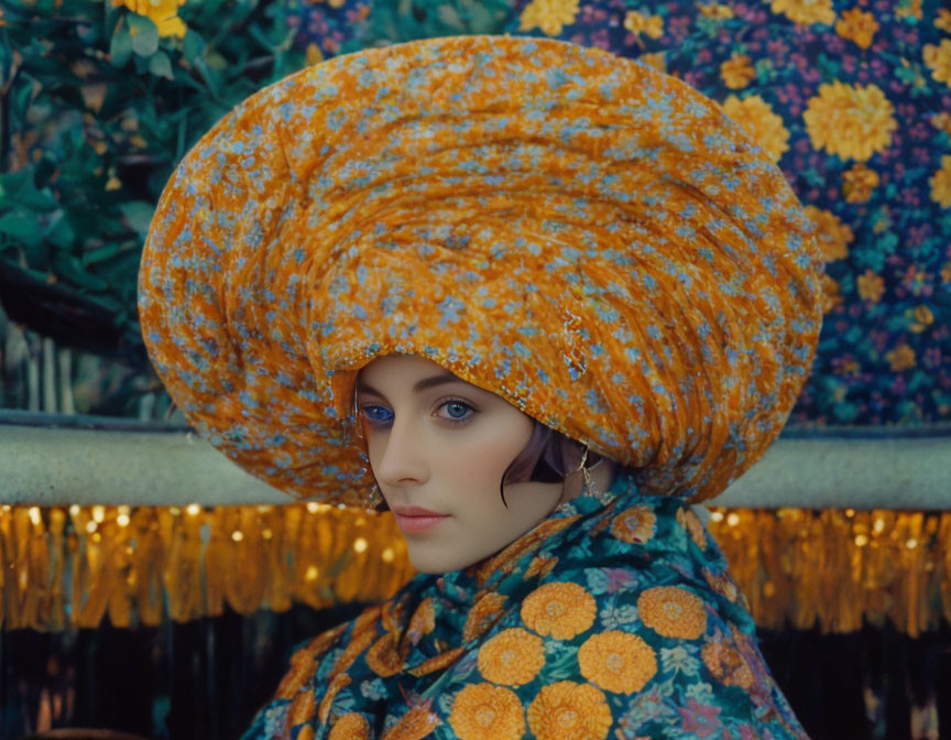 Striking blue-eyed woman in ornate turban and cloak on floral backdrop