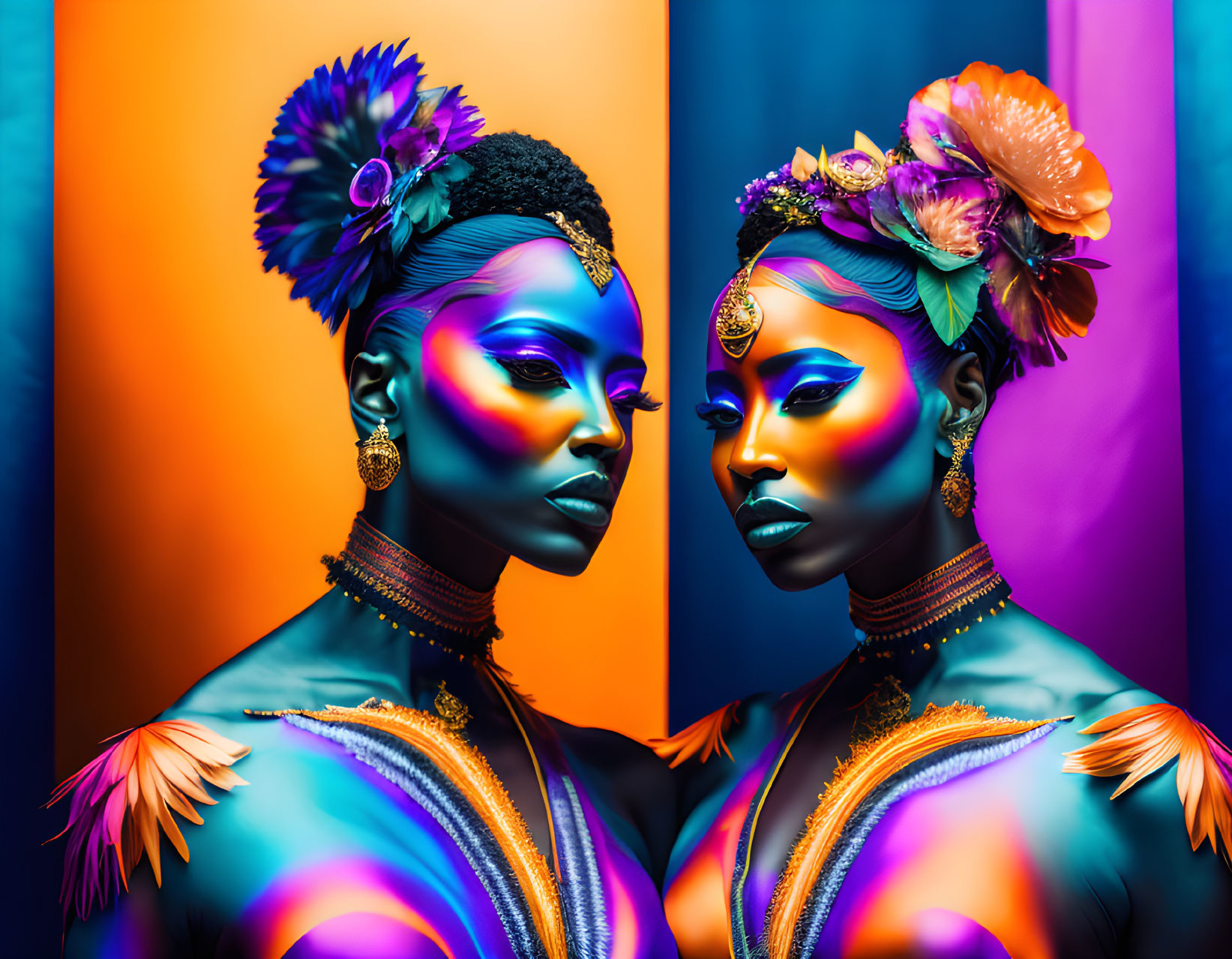 Vivid body paint models with exotic floral headpieces on dual-toned background