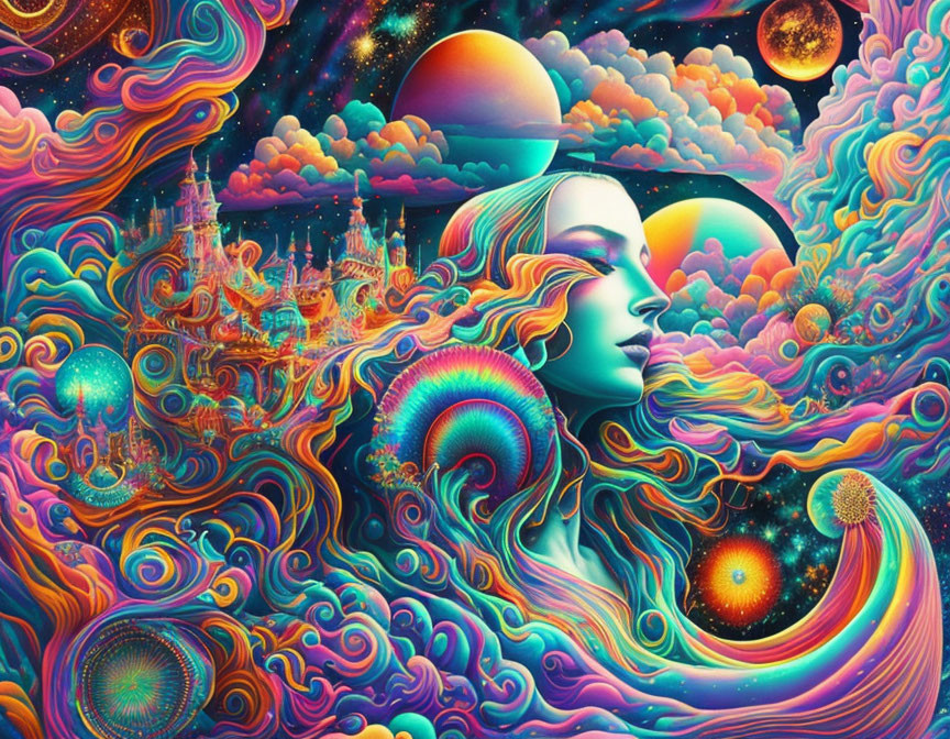 Colorful Psychedelic Illustration of Woman's Face, Swirling Patterns, Celestial Objects,