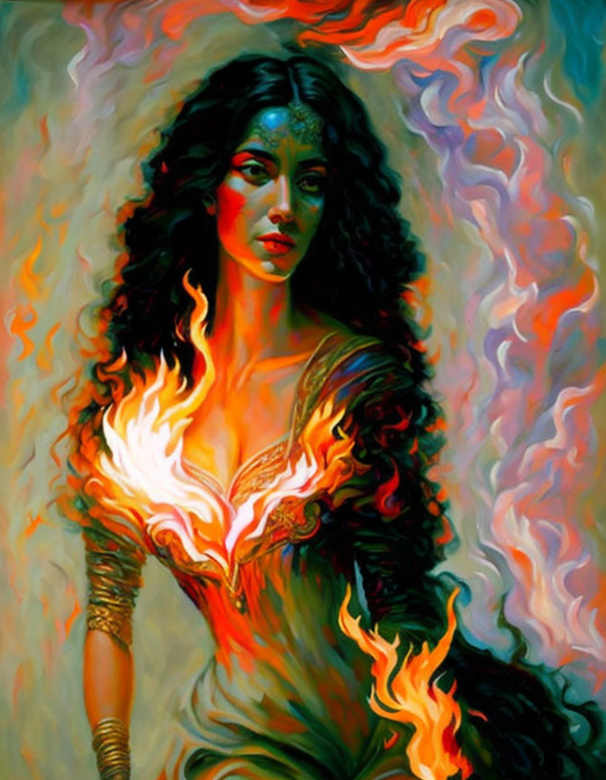 Colorful portrait of woman with blue skin and fiery motifs in swirling flames.