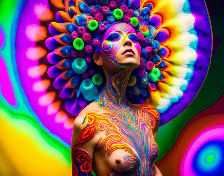 Colorful Woman with Elaborate Body Paint and Psychedelic Headdress