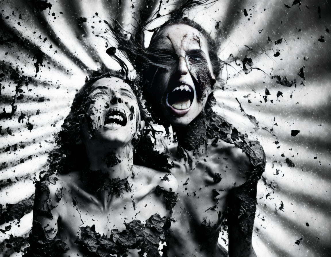 Intense emotions portrayed as images shatter, symbolizing liberation.