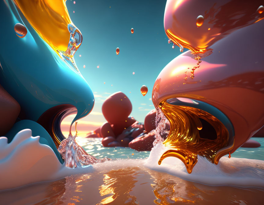 Abstract surreal landscape with flowing liquid shapes in blue and orange, suspended droplets, and reflective water surface