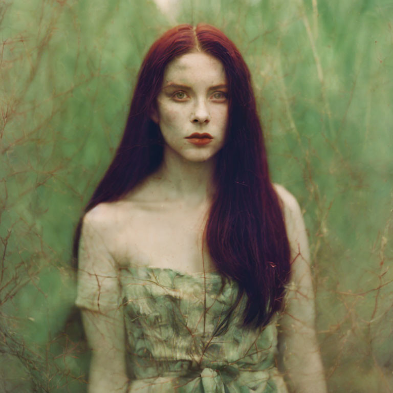 Portrait of Woman with Red Hair and Pale Skin Against Green Background