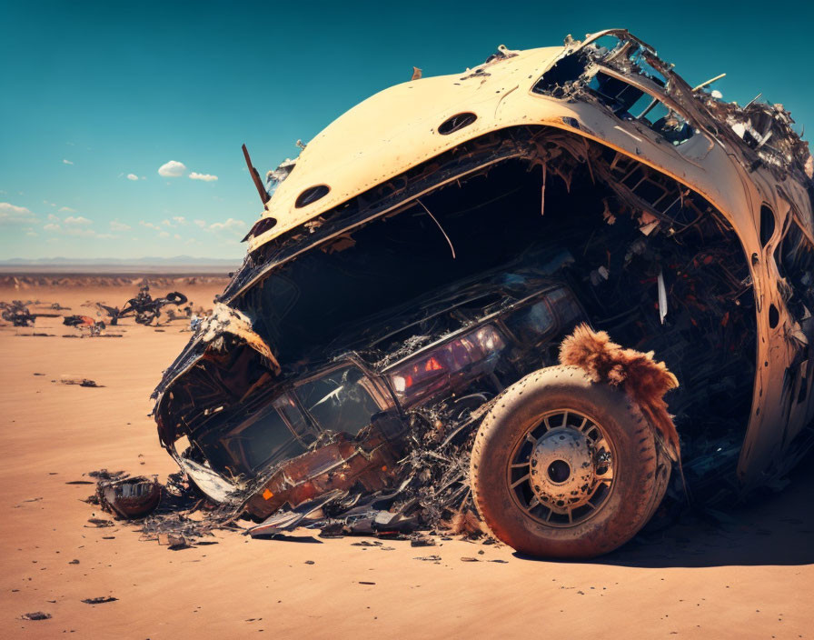 Abandoned airplane wreck in sandy desert landscape