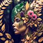 Woman's profile with floral and leaf artistic composition