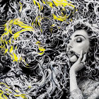 Tattooed woman in hypnotic black and white swirls with yellow splashes