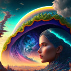 Vibrant eye in surreal cosmic and fantasy landscapes