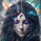 Colorful Woman with Flowing Hair and Glowing Eyes Against Cosmic Background