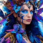 Woman with Blue Eyes in Fantasy Headdress in Mystical Forest