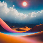 Multicolored surreal landscape with giant eye, human figure, and whimsical sky