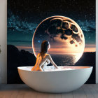 Woman in bathtub gazes at surreal cosmic ocean with rising moon