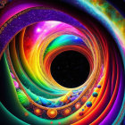 Vibrant psychedelic digital artwork with swirling patterns and celestial bodies