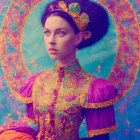 Victorian dress woman poses against colorful backdrop