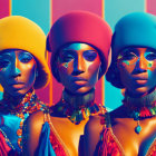 Vibrant women with colorful makeup and headwear on multicolored backdrop