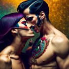 Vibrant body paint digital artwork of a couple kissing against cosmic backdrop