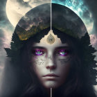 Mystical female with celestial-themed split complexion and leafy crown