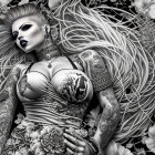 Monochrome image of tattooed female figure on intricate background